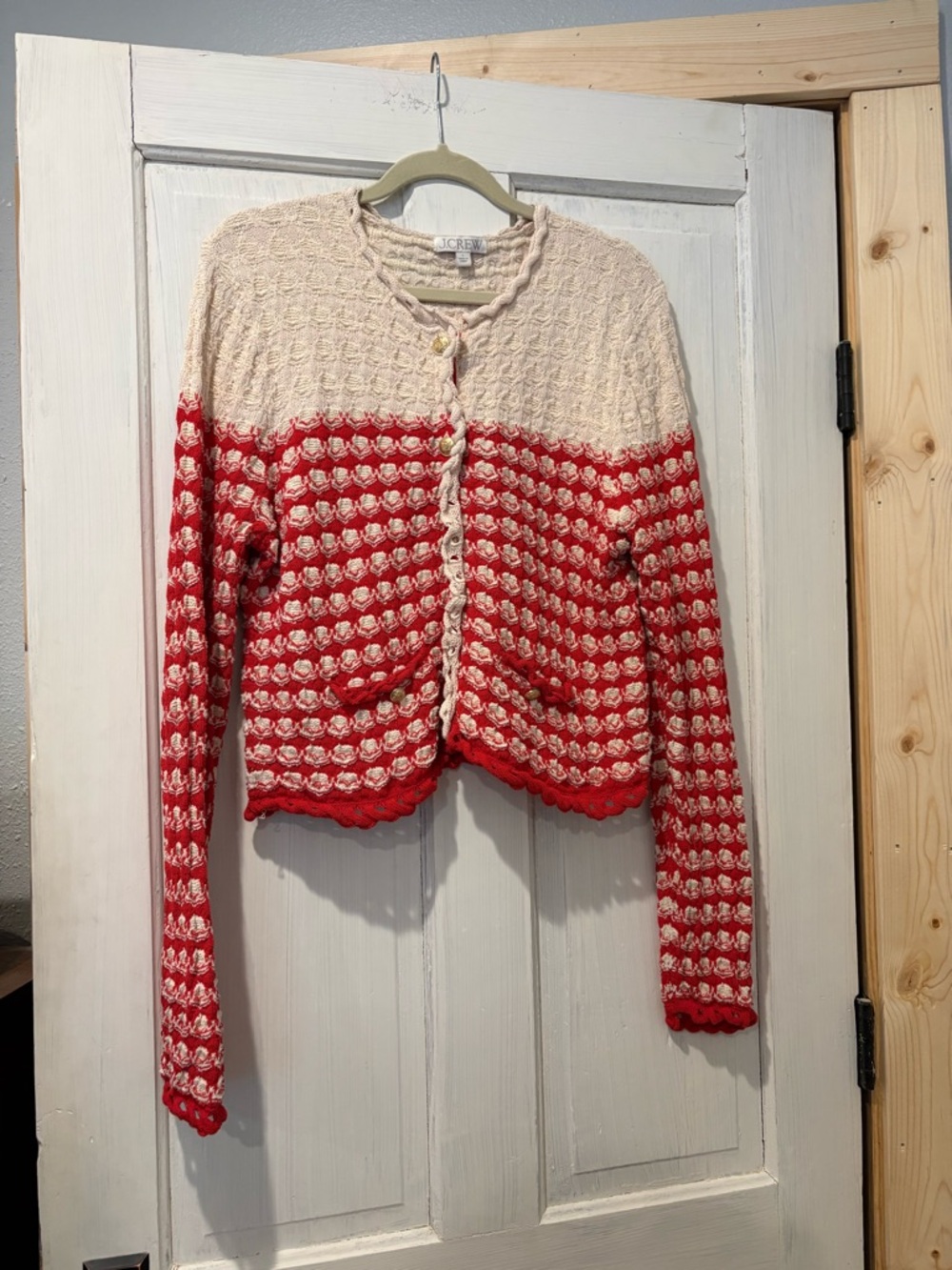 J. Crew Red and Cream Cropped Colorblock Knit Cardigan